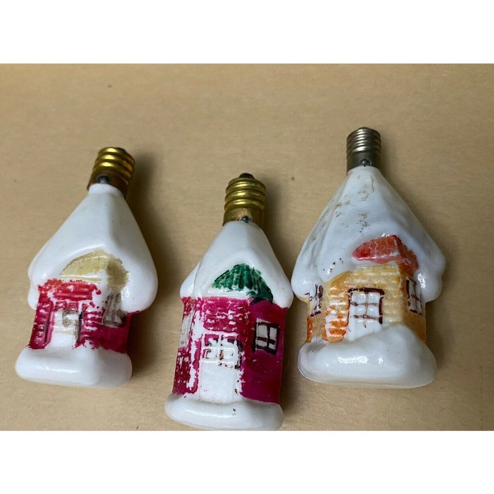 Vintage Christmas FIGURAL BULB 3 COTTAGE HOUSE Snowy Roof Milk Glass‎ Japan